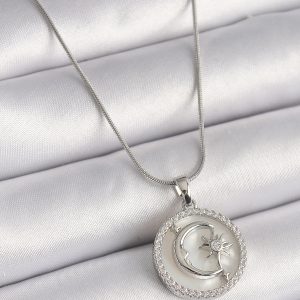 316L Çelik Gümüş Renk Zincir Zirkon Taş Detaylı Beyaz Sedefli Ay Yıldız İşleme Kadın Kolye