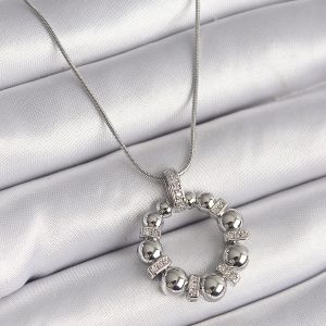 316L Çelik Gümüş Renk Zincir Zirkon Taş Detaylı Bombeli Halka Model Kadın Kolye