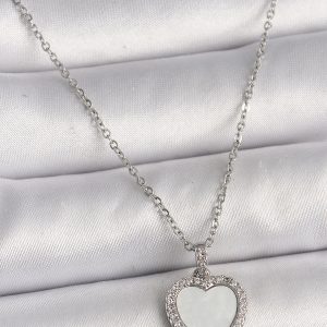 316L Çelik Gümüş Renk Zincir Zirkon Taşlı Beyaz Mineli Kalp Model Kadın Kolye