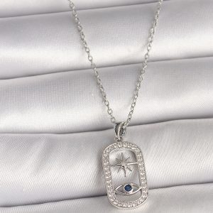 316L Çelik Gümüş Renk Zincir Zirkon Taşlı Göz Yıldız Model Kadın Kolye