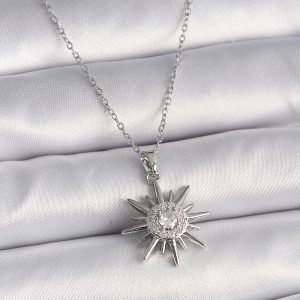 316L Çelik Gümüş Renk Zincir Zirkon Taşlı Güneş Model Kadın Yüzük