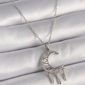 316L Çelik Gümüş Renk Zincir Zirkon Taşlı Hilal Model Sallantı Yaprak Detay Kadın Kolye