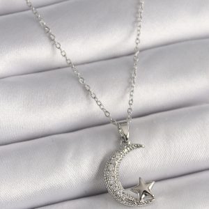 316L Çelik Gümüş Renk Zincir Zirkon Taşlı Hilal Model Yıldız Detay Kadın Kolye