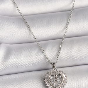 316L Çelik Gümüş Renk Zincir Zirkon Taşlı Kalp Model Kadın Kolye