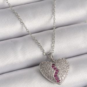316L Çelik Gümüş Renk Zincir Zirkon Taşlı Kalp Model Kadın Kolye