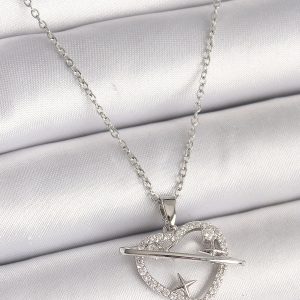 316L Çelik Gümüş Renk Zincir Zirkon Taşlı Kalp Model Yıldız Detay Kadın Kolye