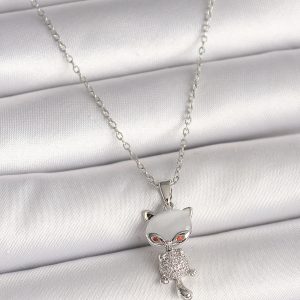 316L Çelik Gümüş Renk Zincir Zirkon Taşlı Kedi Model Kadın Kolye