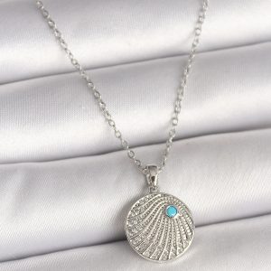 316L Çelik Gümüş Renk Zincir Zirkon Taşlı Mavi Taş Detaylı Madalyon Model Kadın Kolye