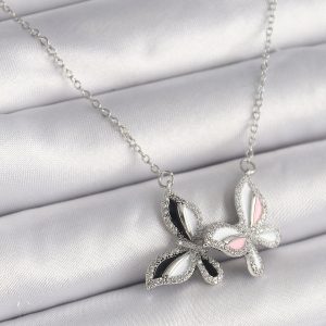 316L Çelik Gümüş Renk Zincir Zirkon Taşlı Renkli Kelebek Model Kadın Kolye