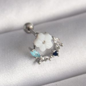 316L Çelik Gümüş Renk Zirkon Taş Detay Beyaz Çiçek Model Tragus Piercing