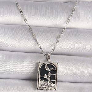 316L Çelik Gümüş Renk Zirkon Taşlı Ay Figürlü Taror Model Kadın Kolye