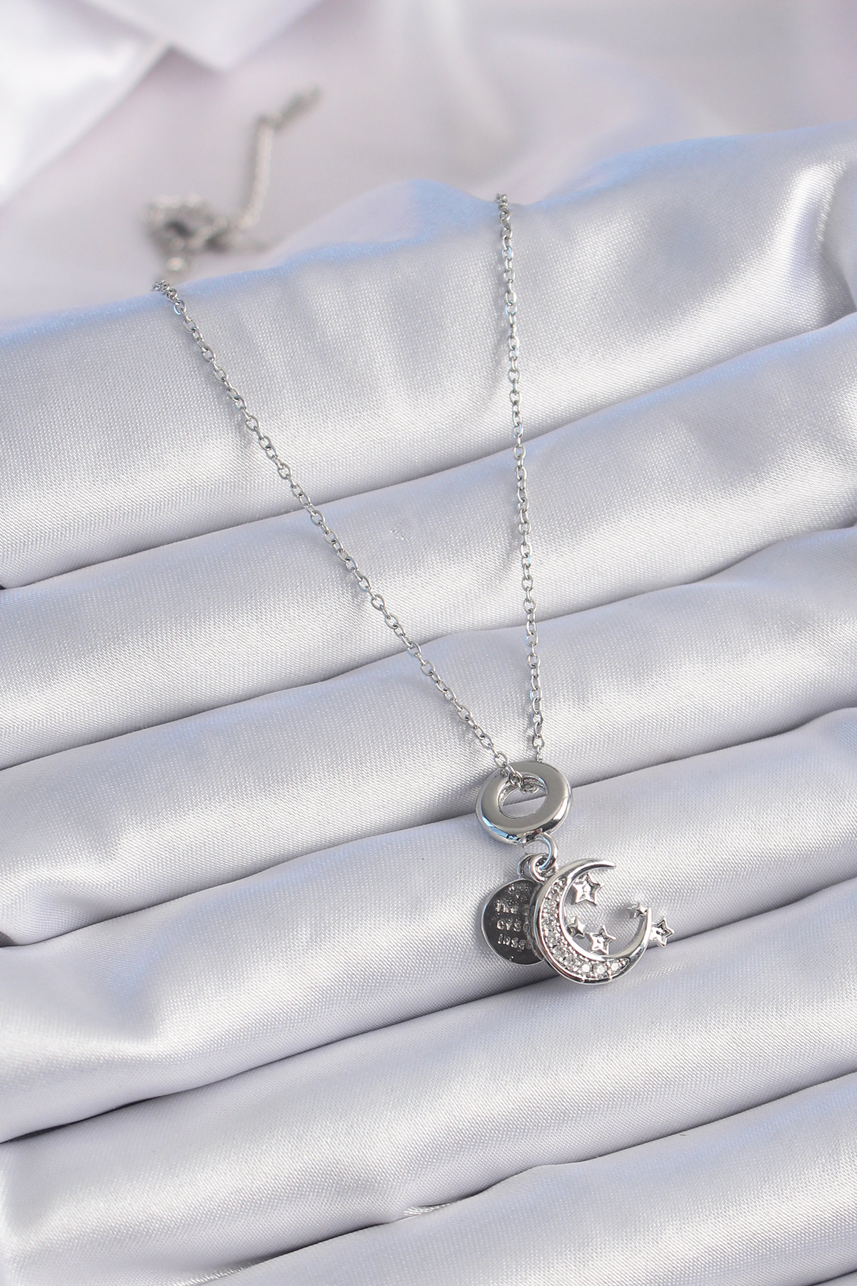 316L Çelik Gümüş Renk Zirkon Taşlı Ay Yıldız Figür Charm Model Kadın Kolye