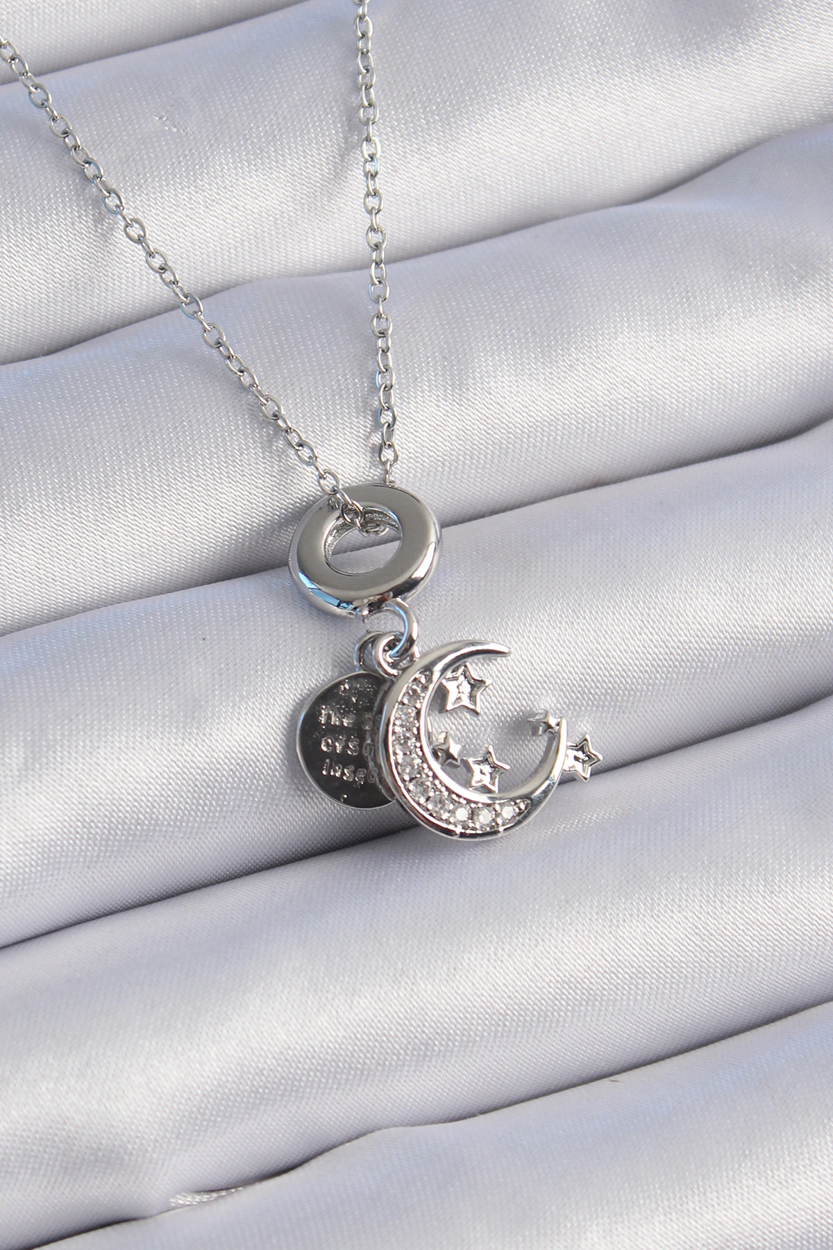 316L Çelik Gümüş Renk Zirkon Taşlı Ay Yıldız Figür Charm Model Kadın Kolye