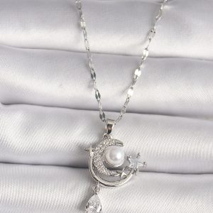 316L Çelik Gümüş Renk Zirkon Taşlı Ay Yıldız Sallantı Detay Kadın Kolye