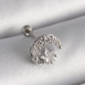 316L Çelik Gümüş Renk Zirkon Taşlı Ay Yıldız Tragus Piercing