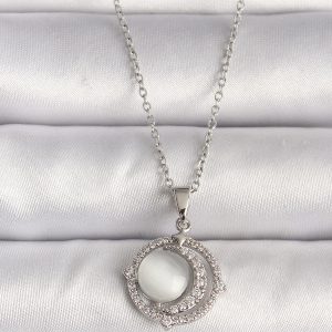 316L Çelik Gümüş Renk Zirkon Taşlı Beyaz Sedefli Hilal Model Kadın Kolye