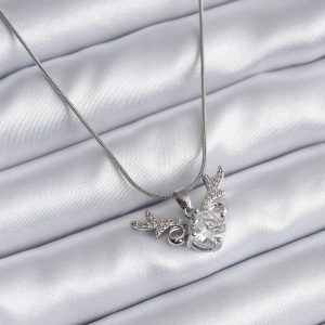 316L Çelik Gümüş Renk Zirkon Taşlı Boynuz Model Kadın Kolye