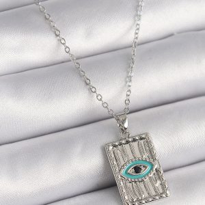 316L Çelik Gümüş Renk Zirkon Taşlı Göz İşleme Detaylı Plaka Model Kadın Kolye