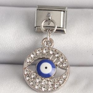 316L Çelik Gümüş Renk Zirkon Taşlı Göz Model Nazar Boncuk Detay Nomination Charm