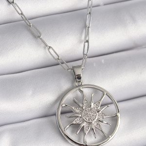 316L Çelik Gümüş Renk Zirkon Taşlı Güneş Madalyon Model Kadın Kolye