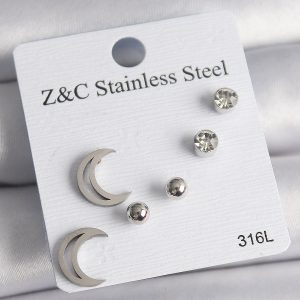 316L Çelik Gümüş Renk Zirkon Taşlı Hilal Model Kadın Küpe Seti