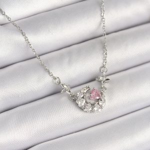 316L Çelik Gümüş Renk Zirkon Taşlı Hilal Pembe Kalp Model Kadın Kolye