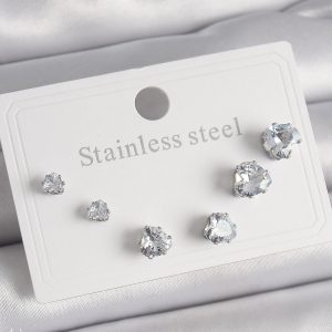 316L Çelik Gümüş Renk Zirkon Taşlı Kalp Model Kadın Küpe Seti