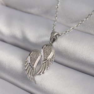 316L Çelik Gümüş Renk Zirkon Taşlı Kanat Model Kadın Kolye