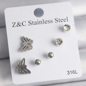 316L Çelik Gümüş Renk Zirkon Taşlı Kelebek Model Kadın Küpe Seti