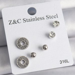 316L Çelik Gümüş Renk Zirkon Taşlı Labirent Model Kadın Küpe Seti