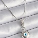 316L Çelik Gümüş Renk Zirkon Taşlı Nazar Boncuk Model Kadın Kolye