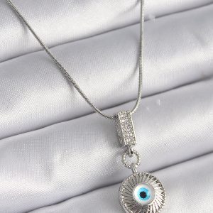 316L Çelik Gümüş Renk Zirkon Taşlı Nazar Boncuk Model Kadın Kolye