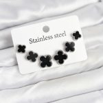 316L Çelik Gümüş Siyah Renk 3 Boy Yonca Küpe Seti