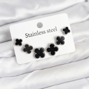 316L Çelik Gümüş Siyah Renk 3 Boy Yonca Küpe Seti