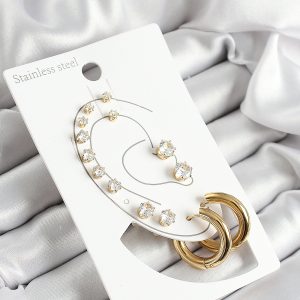 316L Çelik Halka Figürlü Ve Zirkon Taşlı Gold Renk 7'li Çift Kadın Küpe Set