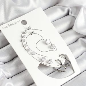 316L Çelik Kalp Figürlü Ve Zirkon Taşlı Gümüş Renk 7'li Çift Kadın Küpe Set