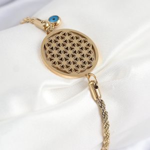 316L Çelik Nazar Boncuğu Detaylı Yaşam Çiçeği Model Gold Renk Kadın Bileklik