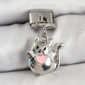 316L Çelik Sallantılı Kalp Detaylı Kedi Model Gümüş Renk Nomination Charm