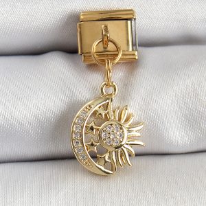 316L Çelik Sallantılı Zirkon Taşlı Ay Ve Güneş Model Gold Renk Nomination Charm