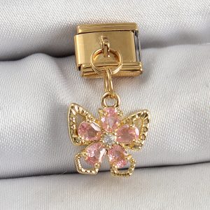 316L Çelik Sallantılı Zirkon Taşlı Çiçek Figürlü Kelebek Model Gold Renk Nomination Charm