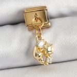 316L Çelik Sallantılı Zirkon Taşlı Deniz Kabuğu Ve Yıldız Model Gold Renk Nomination Charm