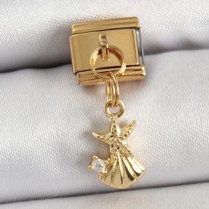 316L Çelik Sallantılı Zirkon Taşlı Deniz Yıldızı Ve İstiridye Model Gold Renk Nomination Charm