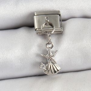 316L Çelik Sallantılı Zirkon Taşlı Deniz Yıldızı Ve İstiridye Model Gümüş Renk Nomination Charm