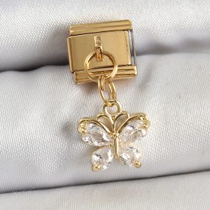 316L Çelik Sallantılı Zirkon Taşlı Kelebek Model Gold Renk Nomination Charm