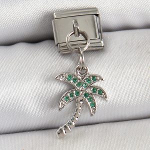 316L Çelik Sallantılı Zirkon Taşlı Palmiye Ağacı Model Gümüş Renk Nomination Charm
