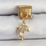 316L Çelik Sallantılı Zirkon Taşlı Yunus Balığı Model Gold Renk Nomination Charm