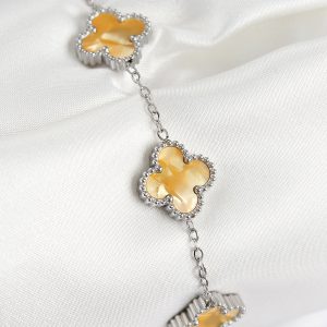 316L Çelik Sedefli Kehribar Sarı Gümüş Renk Yonca Kadın Bileklik