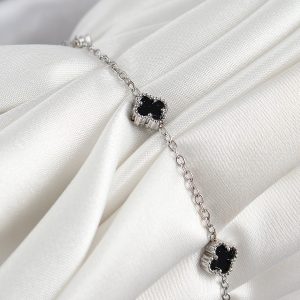 316L Çelik Siyah Sedef Yonca Model Gümüş Renk Kadın Bileklik