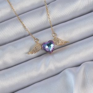 316L Çelik Zincir Altın Renk Mavi Mor Zirkon Taşlı Kanatlı Kalp Kolye