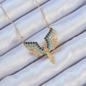 316L Çelik Zincir Altın Renk Mavi Zirkon Taşlı Mikail Meleği Kolye